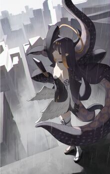 1girl absurdres ao-chan_(ninomae_ina'nis) black_collar black_dress black_gloves breasts cityscape cleavage clothing_cutout collar commentary cutout_above_navel detached_sleeves dress expressionless feathered_wings full_body fur-trimmed_collar fur_trim gloves gradient_hair half_gloves halo headpiece highres hololive hololive_english long_hair looking_at_viewer low_wings multicolored_hair ninomae_ina'nis ninomae_ina'nis_(1st_costume) okobo orange_hair platform_sandals pointy_ears purple_hair rain sandals seuhu short_dress sidelocks single_detached_sleeve single_thighhigh small_breasts standing strapless strapless_dress symbol-only_commentary tabi tentacle_hair tentacles thighhighs tube_dress very_long_hair virtual_youtuber white_thighhighs white_wings wings