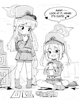 2girls aged_down blue_archive blush_stickers doodle_sensei_(blue_archive) english_text greyscale halo hat highres hikari_(blue_archive) hottodg lolitober monochrome multiple_girls nozomi_(blue_archive) pointy_ears sensei_(blue_archive) siblings sisters skirt speech_bubble stuffed_toy twins