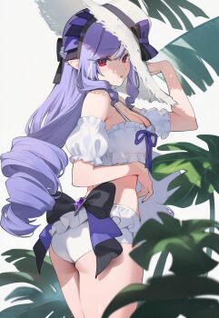 1girl bare_shoulders bikini bow breasts cleavage commentary cow drill_hair frilled_bikini frills hair_between_eyes hairband hat highres large_breasts long_hair looking_at_viewer mole mole_under_eye panties parted_lips pointy_ears poki_(j0ch3fvj6nd) purple_bow purple_hair purple_hairband solo sun_hat swimsuit twin_drills underwear vivian_banshee white_background white_bikini white_hat white_panties zenless_zone_zero