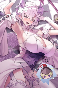 2girls absurdres armpits bandages blonde_hair blush breasts cleavage demon_girl demon_horns demon_wings detached_sleeves dress duel_monster garter_straps grey_eyes grey_hair helm helmet highres horns knight_(yu-gi-oh!) large_breasts lovely_labrynth_of_the_silver_castle lying multiple_girls open_mouth purple_eyes short_hair thighhighs tongari_kin twitter_username white_dress white_thighhighs wings yu-gi-oh!