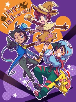 Rule 34 | 1girl, 2boys, absurdres, ash ketchum, black hair, blue eyes, brown eyes, chappy (kanata218), chloe (pokemon), cosplay, costume, dracovish, dracovish (cosplay), dragonite, eevee, eevee (cosplay), fang, gen 1 pokemon, gen 8 pokemon, gengar, goh (pokemon), green eyes, grin, halloween, halloween costume, happy halloween, hat, highres, inteleon, inteleon (cosplay), ketchup, ketchup bottle, long hair, multiple boys, nintendo, open mouth, pikachu, pointing, pokemon, pokemon (anime), pokemon (creature), pokemon journeys, purple hair, smile, tongue, tongue out, top hat, witch hat