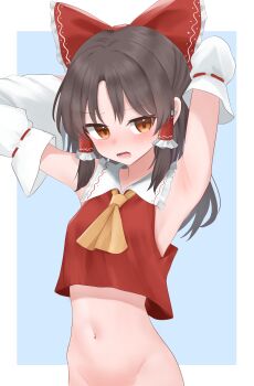 1girl absurdres armpit_focus armpits arms_up ascot blush bottomless bow breasts brown_eyes brown_hair commentary_request dakuazu detached_sleeves frilled_bow frilled_hair_tubes frills groin hair_bow hair_tubes hakurei_reimu highres large_variant_set long_hair looking_at_viewer midriff navel presenting_armpit red_bow ribbon-trimmed_sleeves ribbon_trim small_breasts solo sweatdrop touhou variant_set yellow_ascot