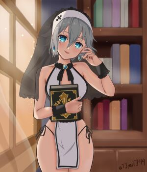 1girl absurdres blue_eyes book breasts cleavage date_a_live earrings highres honjou_nia jewelry nun panties short_hair solo thighs trajon underwear white_hair