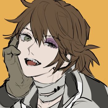 1boy :d bandaged_neck bandages brown_gloves brown_hair bruise bruised_eye fang gloves green_eyes grin hair_between_eyes half-closed_eye hand_on_own_face head_back identity_v injury looking_at_viewer luca_balsa male_focus open_mouth ponytail portrait sharp_teeth shirt short_ponytail smile solo striped_clothes striped_shirt teeth um_ld uneven_eyes yellow_background