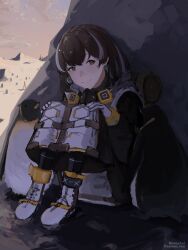 Rule 34 | 1girl, absurdres, arknights, artist name, backpack, bag, bird, brown hair, coat, emperor penguin, gloves, highres, knees up, long coat, looking at viewer, magallan (arknights), mask, mask around neck, multicolored hair, noraesei, on ground, orange eyes, outdoors, penguin, sitting, smile, snow, streaked hair, white footwear, white gloves, winter clothes, winter coat