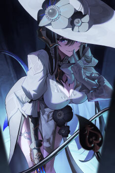 1girl absurdres black_flower black_hair bowlp breasts cleavage commentary constance_(honkai:_star_rail) demon_horns demon_tail dress flower gem gloves grey_flower grey_gemstone grey_gloves hair_between_eyes hand_up hat highres honkai:_star_rail honkai_(series) horns large_breasts leaning_forward long_hair long_sleeves looking_at_viewer parted_lips purple_eyes solo tail very_long_hair white_dress white_hat