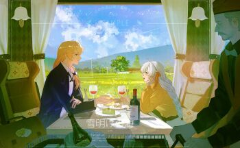 1girl 2boys absurdres blonde_hair blue_coat blue_eyes blue_sky bottle braid chair cloud cloudy_sky coat collared_shirt commentary_request commission couple cup day drinking_glass grass green_eyes hair_between_eyes head_tilt highres honkai_(series) honkai_impact_3rd kallen_kaslana long_braid long_hair long_sleeves looking_at_another mixed-language_commentary multiple_boys on_chair otto_apocalypse shade shirt single_braid sitting sky train_interior upper_body white_hair white_shirt window wine_bottle wine_glass xinjinjumin223048268090