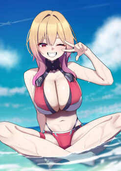 Rule 34 | 1girl, absurdres, aircraft, airplane, bikini, blonde hair, blush, breasts, chougoukin potato, cleavage, cloud, cloudy sky, commentary, contrail, double-parted bangs, earrings, full body, gradient hair, grin, highres, indian style, jewelry, large breasts, looking at viewer, multicolored hair, navel, ocean, one eye closed, original, partially submerged, pink hair, red bikini, red eyes, sitting, sky, smile, solo, swimsuit, thigh strap, w, w over eye, wet