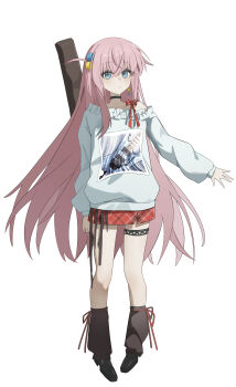 Rule 34 | 1girl, absurdres, alternate costume, arm at side, black choker, black leg warmers, black shoes, blue eyes, bocchi the rock!, choker, closed mouth, coke cat (user jkus8755), commentary request, crescent, crescent hair ornament, crossed bangs, earrings, frilled sweater, full body, gotoh hitori, guitar case, hair between eyes, hair ornament, highres, instrument case, jewelry, leg warmers, long bangs, long hair, long sleeves, miniskirt, off-shoulder sweater, off shoulder, pink hair, plaid clothes, plaid skirt, print sweater, red skirt, shoes, simple background, single off shoulder, skirt, solo, standing, star (symbol), star earrings, straight hair, sweater, thigh strap, very long hair, white background, white sweater