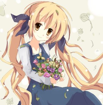 1girl artist_request blonde_hair blouse brown_eyes casual chaos;head dress flower highres long_hair orihara_kozue pinafore_dress science_adventure shirt sleeveless sleeveless_dress smile solo twintails white_shirt