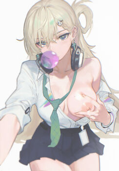 1girl absurdres black_skirt blonde_hair blowing_bubble_gum blue_eyes breasts chewing_gum commentary_request earrings grabbing_own_breast hair_between_eyes hair_ornament headphones highres jewelry kryp132 large_breasts long_hair looking_at_viewer loose_necktie lynae_(wuthering_waves) medium_breasts multicolored_hair necktie nipples one_breast_out shirt simple_background skirt skull_hair_ornament solo star_(symbol) star_earrings white_background white_shirt wuthering_waves