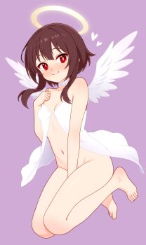 1girl absurdres alternate_costume angel angel_wings babydoll barefoot between_legs blush bottomless breasts brown_hair choker closed_mouth collarbone commentary dullahan_(alekey_art) feathered_wings full_body halo hand_between_legs hand_on_own_chest heart highres kono_subarashii_sekai_ni_shukufuku_wo! light_smile looking_at_viewer megumin navel paid_reward_available purple_background red_eyes short_hair_with_long_locks simple_background small_breasts solo thighs traditional_halo white_babydoll white_choker white_wings wings