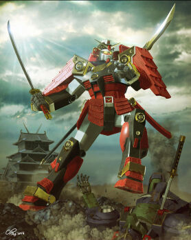 architecture artist_name cloud dated day dsacxz east_asian_architecture gundam highres impaled katana mecha mecha_request musha_gundam outdoors robot sd_gundam sunlight sword weapon