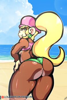 Rule 34 | 1girl, ape, artist name, ass, ass focus, back, beach, bikini, blonde hair, blue sky, blush, body blush, breasts, dixie kong, donkey kong (series), earrings, green eyes, hand on own hip, hat, highres, jewelry, large breasts, lollipopcon, long hair, looking back, nintendo, ocean, ponytail, sky, smile, sweat, swimsuit, thick thighs, thighs, underboob, very long hair