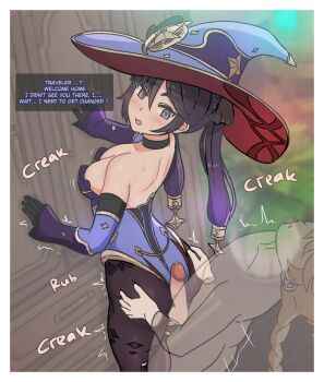 1boy 1girl absurdres aether_(genshin_impact) bare_shoulders black_choker black_eyes black_gloves black_hair black_pantyhose blonde_hair border breasts buttjob buttjob_over_clothes choker clothed_female_nude_male commentary detached_sleeves english_text erection genshin_impact gloves gradient_hair hat hetero highres invisible_man leotard long_hair looking_back medium_breasts mona_(genshin_impact) multicolored_hair nude open_mouth pantyhose penis purple_hair purple_hat purple_leotard purple_sleeves solo_focus sound_effects standing strapless strapless_leotard uncensored valenthania white_border witch_hat