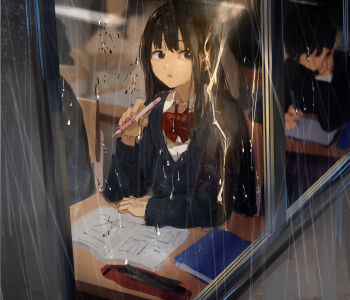 1boy 1girl 23el arm_on_table black_eyes black_hair blue_cardigan book bow bowtie cardigan chair classroom collared_shirt commentary_request desk elbow_on_table from_outside hand_up highres holding holding_pencil lightning long_hair long_sleeves looking_outside looking_to_the_side notebook on_chair open_mouth original pencil pencil_case rain red_bow red_bowtie reflection school school_chair school_desk school_uniform shirt sitting solo_focus straight_hair thunder upper_body white_shirt