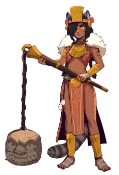 1girl absurdres animal_ears ankle_wrap anklet armlet aztec ball_and_chain_(weapon) bandaged_foot bandaged_hand bandaged_leg bandages bare_legs bare_shoulders belt_buckle black_hair bodypaint bracelet breasts brown_nails brown_tail buckle bunny_and_fox_world cat_ears cat_tail closed_mouth commission d-rex dark-skinned_female dark_skin engraved expressionless facepaint facial_mark fangs feet fingerless_gloves flail frown full_body fur_collar fur_trim gloves gold gold_bracelet gold_buckle gold_vambraces hair_ornament hair_over_one_eye hairband highres holding holding_weapon huge_weapon illary_(siriusshenanigans) jewelry loincloth long_hair looking_at_viewer mayan_clothes medium_breasts midriff nail_polish navel one_eye_covered orange_loincloth original pelvic_curtain pom_pom_(clothes) red_hairband revealing_clothes second-party_source serious sheath shin_guards shiny_lips simple_background solo standing striped_tail sun_symbol tail tan tiger_stripes toenail_polish toenails toes transparent_background tribal underboob vambraces weapon whisker_markings