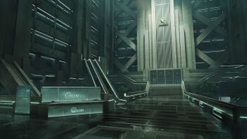 Rule 34 | absurdres, ceiling, concept art, concrete, denchou, desk, escalator, genkan, glowing, highres, indoors, logo, no humans, original, plant, planter, reflective floor, scenery, tile floor, tiles, tree