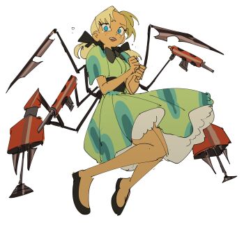 1girl absurdres android black_bow black_bowtie blonde_hair blue_eyes bow bowtie clenched_hands crying dress frilled_dress frills green_dress gun hair_bow highres kendy_(revolocities) melody_locus my_life_as_a_teenage_robot short_sleeves simple_background twintails weapon white_background