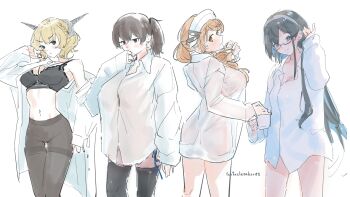 Rule 34 | absurdres, ahchih, black bra, black hair, black pantyhose, black thighhighs, blonde hair, bra, breasts, brown eyes, brown hair, collared shirt, colorado (kancolle), commentary request, dress shirt, glasses, headgear, headpiece, highres, kaga (kancolle), kantai collection, large breasts, littorio (kancolle), ooyodo (kancolle), open clothes, open shirt, pantyhose, shirt, short hair, side ponytail, simple background, small breasts, thighband pantyhose, thighhighs, underwear, white background, white shirt