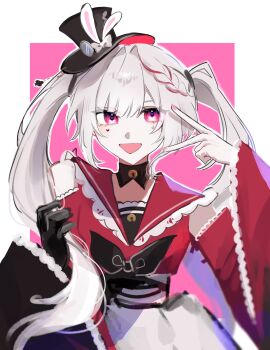 1girl absurdres animal_ears bow braid butterfly-shaped_pupils clothing_cutout commentary_request diamond_(shape) diamond_facial_mark dress facial_mark gloves hat heart heart_facial_mark highres honkai:_star_rail honkai_(series) osakana_shira pink_eyes rabbit_ears red_streaks shoulder_cutout side_braid single_glove sparkle_(honkai:_star_rail) sparxie_(honkai:_star_rail) symbol-shaped_pupils twintails v white_hair