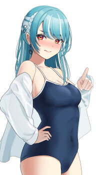 1girl aqua_hair blue_hair blue_one-piece_swimsuit blush breasts collarbone commentary_request competition_swimsuit covered_navel cowboy_shot earrings hair_ornament highres jacket jewelry kukro long_hair looking_at_viewer medium_breasts multicolored_hair one-piece_swimsuit orange_eyes shiranami_ramune shirt simple_background solo streaked_hair swimsuit swimsuit_under_clothes virtual_youtuber vspo! white_background white_hair white_jacket