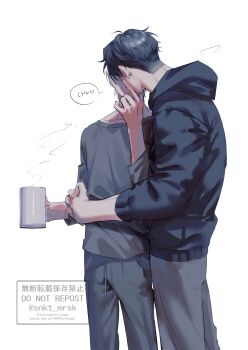 2boys absurdres alien_stage black_hoodie commentary_request cup grey_pants grey_shirt highres holding holding_cup hood hoodie ivan_(alien_stage) kiss long_sleeves male_focus multiple_boys pants sanokata shirt short_hair till_(alien_stage) twitter_username very_short_hair watermark yaoi