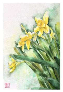 absurdres flower flower_focus highres no_humans original painting_(medium) plant plant_focus sazanka_352 seal_impression stamen still_life traditional_media watercolor_(medium) yellow_flower