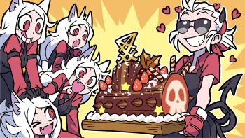 5girls animal_ears apron bandana black_gloves black_horns black_necktie black_tail black_vest breasts cerberus_(helltaker) christmas commentary demon_girl demon_horns demon_tail dog_ears drooling fang fingerless_gloves food fruit gloves heart helltaker holding horns indoors justice_(helltaker) kyo-hei_(kyouhei) licking_lips long_hair medium_breasts multiple_girls necktie open_mouth quadruplets red_eyes red_gloves red_shirt shirt short_sleeves siblings sisters skull smile spikes strawberry sunglasses symbol-only_commentary tail tongue tongue_out vest white_hair yule_log_(cake)