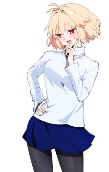 1girl ahoge arcueid_brunestud black_pantyhose blonde_hair blue_skirt blush breasts citron80citron flustered hair_intakes hand_on_own_hip highres jewelry looking_to_the_side miniskirt necklace open_mouth pantyhose pointing red_eyes short_hair skirt smile sweat sweater tsukihime tsukihime_(remake) turtleneck turtleneck_sweater white_sweater