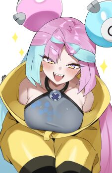 1girl artist_name blue_hair breasts commentary highres iono_(pokemon) large_breasts multicolored_eyes multicolored_hair nintendo open_mouth pink_hair pokemon pokemon_scarlet_and_violet sharp_teeth simple_background solo sparkle teeth zet_(twt_zet)