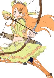 Rule 34 | 1girl, aiming, arrow (projectile), bow, bow (weapon), crop top, etie (fire emblem), fire emblem, fire emblem engage, green bow, green eyes, green shirt, green skirt, holding, holding arrow, holding bow (weapon), holding weapon, nintendo, orange gemstone, orange hair, rucola155, shirt, skirt, solo, swept bangs, tiara, weapon