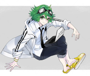 1boy bracelet closed_mouth collared_shirt computer crocs dabu_(dabuchan) eyelashes full_body goggles goggles_on_head green_eyes green_hair grey_background jewelry kemono_jihen laptop letterboxed male_focus necktie pants shirt short_hair smile solo tsunamayo_watanabe