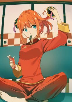 Rule 34 | 1girl, absurdres, aqua eyes, barefoot, blue eyes, breasts, bun cover, chair, chinese clothes, commentary, food in mouth, full body, gintama, gold trim, hair between eyes, hair down, hairdressing, hand up, hashtag-only commentary, highres, holding, ibaraki shun, indian style, indoors, kagura (gintama), long sleeves, looking to the side, mouth hold, on chair, orange hair, pants, red pants, red shirt, revision, seaweed, shadow, shirt, short hair, sitting, small breasts, solo, toenails, toes