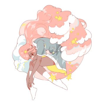 1girl closed_eyes commentary dark-skinned_female dark_skin dress english_commentary fetal_position full_body grey_dress hair_ornament hairclip long_hair no_shoes original pink_hair short_dress socks solo star_(symbol) star_hair_ornament very_long_hair vicki_tsai white_socks