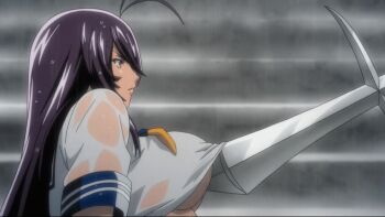 00s 1girl animated animated_gif anime_screenshot assisted_exposure blue_eyes bouncing_breasts breasts dark_skin ikkitousen kan'u_unchou large_breasts long_hair nipples polearm purple_hair rain spear undressing upper_body weapon wet