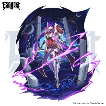 1girl absurdres alternate_costume alternate_universe armor armored_boots artist_name blunt_bangs boots braid commission commissioner_name electricity exillust full_armor full_body genshin_impact glowing glowing_sword glowing_weapon hair_ornament highres holding holding_shield holding_sword holding_weapon japanese_armor katana long_braid long_hair looking_at_viewer mole mole_under_eye multicolored_eyes musou_isshin_(genshin_impact) parted_lips planet powering_up purple_eyes purple_hair raiden_shogun ripples shield shoulder_armor single_braid solo spa splashing sword water weapon white_background