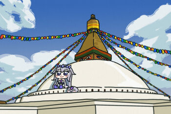 1girl bing_huyue blue_sky boudha_stupa buddhism chest_jewel chibi circlet cloud commentary english_commentary gem gem_hair_ornament hand_jewel highres hololive hololive_english koseki_bijou koseki_bijou_(1st_costume) long_hair material_growth nepal pebble purple_eyes purple_gemstone purple_hair sitting sky structure stupa tower virtual_youtuber