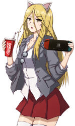 Rule 34 | 1girl, absurdres, animal ears, black-framed eyewear, blazer, blonde hair, blouse, brown eyes, cat ears, coca-cola, coke-bottle glasses, collared shirt, commentary, cosplay, cowboy shot, cup, disposable cup, dress shirt, drinking straw, emblem, fake animal ears, girls und panzer, glasses, grey jacket, hair between eyes, handheld game console, highres, holding, holding cup, holding handheld game console, jacket, kay (girls und panzer), kay (girls und panzer) (cosplay), long hair, long sleeves, looking at viewer, miniskirt, nekonyaa (girls und panzer), nintendo switch, no necktie, omachi (slabco), open clothes, open jacket, open mouth, partially unbuttoned, pleated skirt, red skirt, round eyewear, saunders (emblem), saunders school uniform, school uniform, shirt, simple background, skirt, sleeves rolled up, solo, standing, thighhighs, unworn eyewear, white background, white shirt, white thighhighs, wing collar