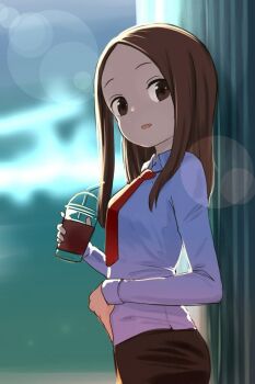 Rule 34 | 1girl, brown eyes, brown hair, business suit, cup, disposable coffee cup, disposable cup, forehead, formal clothes, highres, karakai jouzu no (moto) takagi-san, karakai jouzu no takagi-san, looking at viewer, neckerchief, office lady, parted bangs, red neckerchief, solo, suit, takagi-san