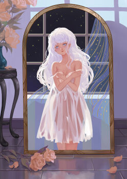 1girl blue_eyes breasts commentary_request dress fatlulu_(1008) flower long_hair off_shoulder original picture_frame pink_flower pink_rose plant potted_plant rose small_breasts solo white_dress white_hair