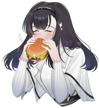 1girl ^_^ absurdres arknights black_hair black_hairband blush burger closed_eyes coat cropped_torso dr.deims_(dim5s) eating food hairband highres holding holding_burger holding_food lab_coat long_sleeves medium_hair priestess_(arknights) shirt signature simple_background solo sparkle white_background white_coat white_shirt