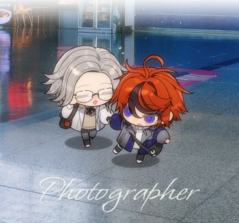 2boys ahoge alternate_costume aotsuki_eito bag_charm black_bag black_boots black_hair black_pants black_ribbon blue_coat blue_eyes blush_stickers boots brown_sweater_vest character_charm charm_(object) chibi chibi_only chinese_commentary closed_eyes coat commentary_request drawstring english_text fang film_grain grey_coat grey_hair hair_between_eyes hood hood_down hoodie lapels light_particles long_sleeves male_focus multicolored_coat multicolored_hair multiple_boys neck_ribbon notched_lapels open_clothes open_coat open_mouth pants photo_background red_hair ribbon shirt shoes short_hair smile streaked_hair sumino_takumi sweater_vest syuu_1125 the_hundred_line_-last_defense_academy- thigh_strap two-tone_coat two-tone_hair white_coat white_hoodie white_shirt white_shoes