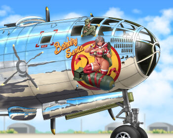 1boy absurdres aircraft_hanger b-29_superfortress bag bell blue_sky bow breasts brown_hair capelet cloud covered_navel crossed_arms duffel_bag english_text green_eyes green_shirt highres hitch_(perotoss) hood hooded_capelet large_breasts looking_down medium_hair mole mole_under_mouth nose_art original outdoors propeller red_thighhighs reflection salute santa_costume scar scar_across_eye scar_on_face shirt sky smile tan tanline thighhighs