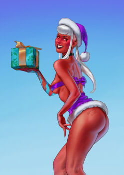 1girl ass black_choker black_lips breasts choker colored_skin day fur-trimmed_headwear fur-trimmed_kimono fur_trim gift grin hat highres holding holding_gift japanese_clothes kimono long_hair looking_at_viewer original outdoors purple_hat purple_ribbon purple_skirt red_eyes red_skin ribbon ribbon_as_bra santa_hat skirt small_breasts smile solo vermilion_venus veve_(vermilion_venus) white_hair