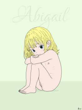 arms_on_knees blonde_hair blue_eyes cleft_of_venus completely_nude feet female flat_chest green_background highres kiwicutie loli looking_at_viewer nipples nude on_floor original pussy self-upload sitting smile solo text_background uncensored virgin