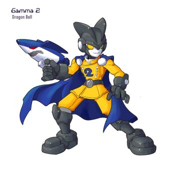1boy android blue_cape cape character_name copyright_name dragon_ball dragon_ball_super dragon_ball_super_super_hero energy_gun fins full_body gamma_2 gun head_fins highres holding holding_gun holding_weapon jacket karakatodzo male_focus mega_man_(series) mega_man_zero_(series) no_eyebrows pants simple_background smile solo weapon white_background yellow_eyes yellow_jacket yellow_pants