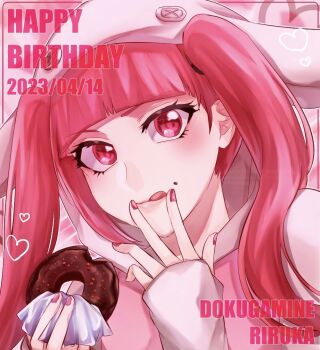 1046sstep_btoh 1girl bleach bleach:_sennen_kessen-hen blunt_bangs character_name commentary_request dated dokugamine_riruka donut food food_on_face hair_tie happy_birthday heart holding holding_food hood hood_up hoodie licking_lips long_hair napkin official_alternate_costume portrait red_eyes red_hair red_nails signature sleeves_past_wrists solo tongue tongue_out twintails watermark