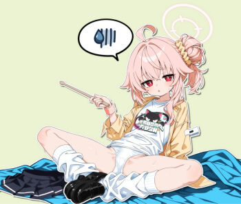 1girl ahoge black_skirt blue_archive commentary_request halo jacket mutsuse natsu_(band)_(blue_archive) natsu_(blue_archive) official_alternate_costume panties pink_hair red_eyes shirt shoes side_ponytail skirt socks solo underwear unworn_skirt white_panties white_shirt white_socks