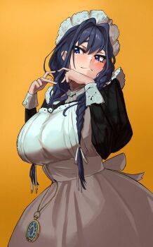 1girl apron black_dress black_hair blue_eyes braid breasts dress hair_intakes hair_ribbon hat heart heart_hands highres hololive hololive_english large_breasts low_twin_braids maid maid_apron mob_cap official_alternate_costume official_alternate_hairstyle orange_background ouro_kronii ouro_kronii_(maid) pocket_watch ribbon simple_background solo twin_braids victorian_maid virtual_youtuber watch white_apron white_ribbon yodokogon